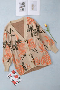 Apricot Abstract Floral Knit Button Down Long Cardigan