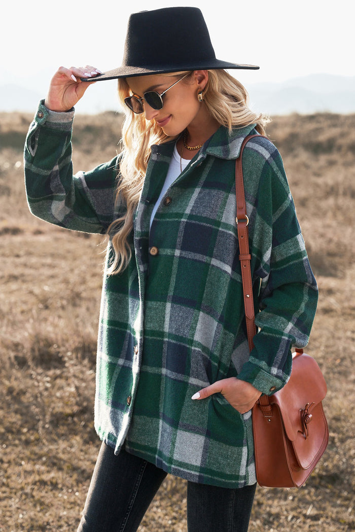 Green Plaid Print Buttoned Shirt Jacket