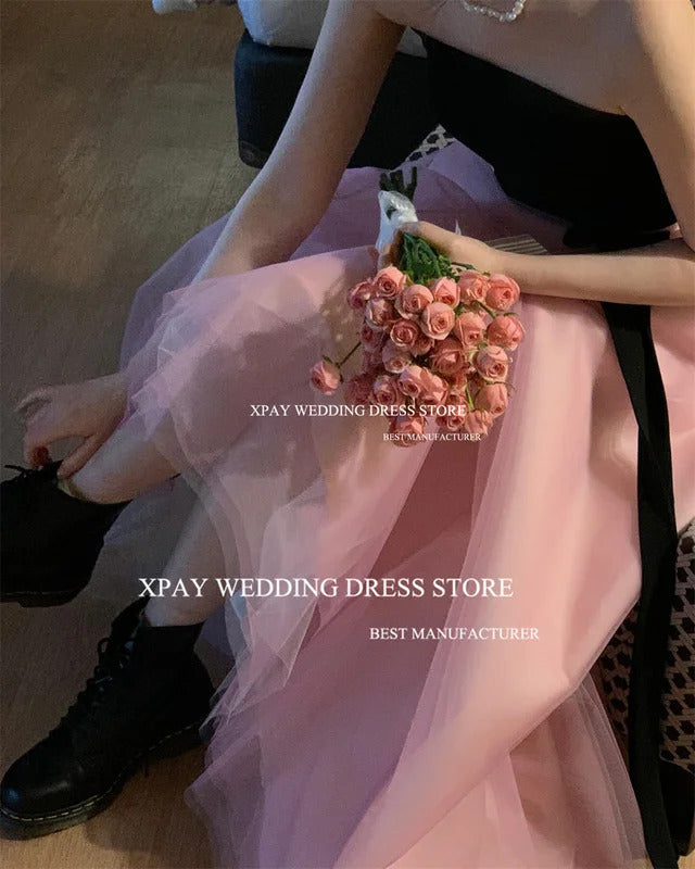 XPAY Black Pink Korea Evening Party Dress Customized A Line Strapless Wedding Photo Shoot Sleeveless Backless Corset Prom Dress