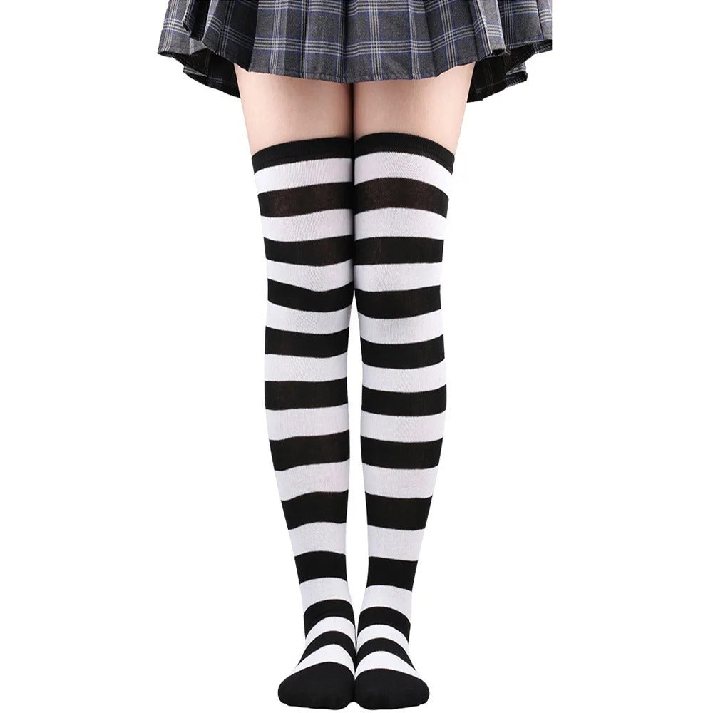 Color Striped Stockings Japanese Over Knee Socks Fashion Women Keep Warm Soks Sexy Slim Long Soks Black White Striped Hosiery