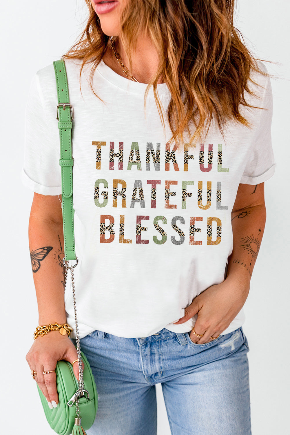 White Leopard Patchwork Thankful Grateful Blessed Graphic T Shirt