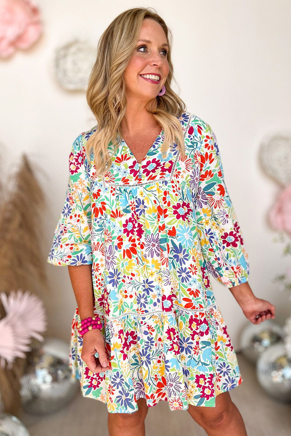 Multicolor Floral Lace Eyelet V Neck Mini Dress