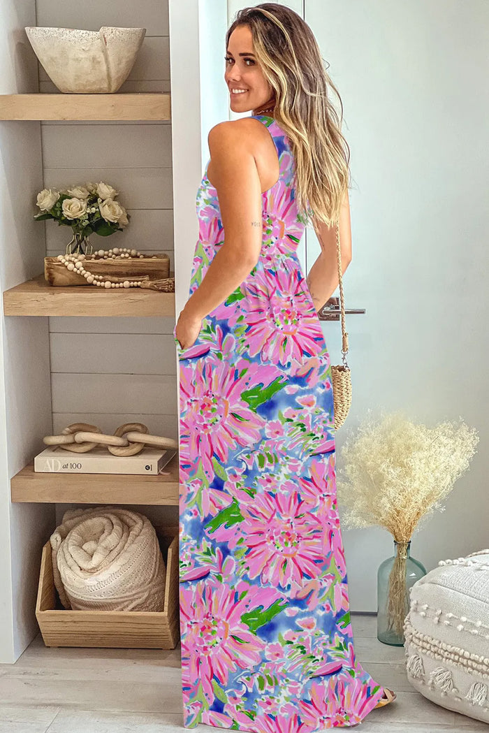 Women's Sleeveless High Waist Pocketed Floral Maxi Dress