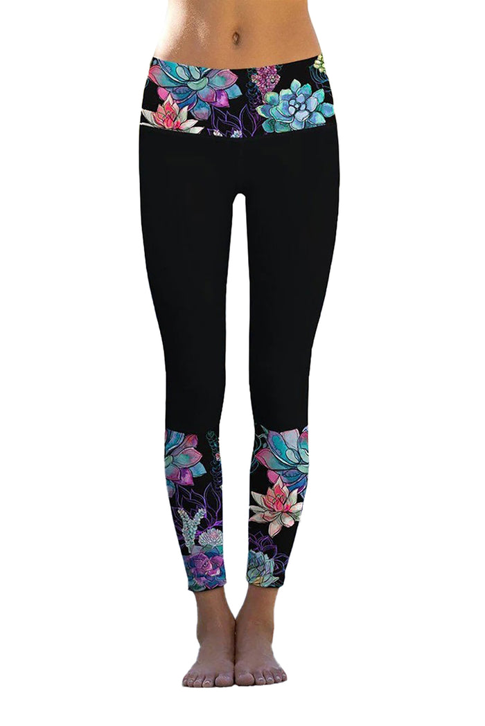 Black Floral Printed Details Leggings Yoga Pants