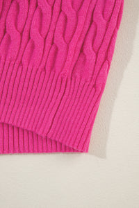 Rose Red Solid Cable Knit High Neck Drop Shoulder Sweater