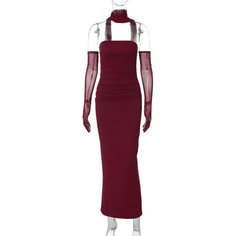 Mozision Strapless Backless Sexy Maxi Dress For Women Burgundy Mesh Sleeve Off-shoulder Bodycon Club Party Evening Long Dress