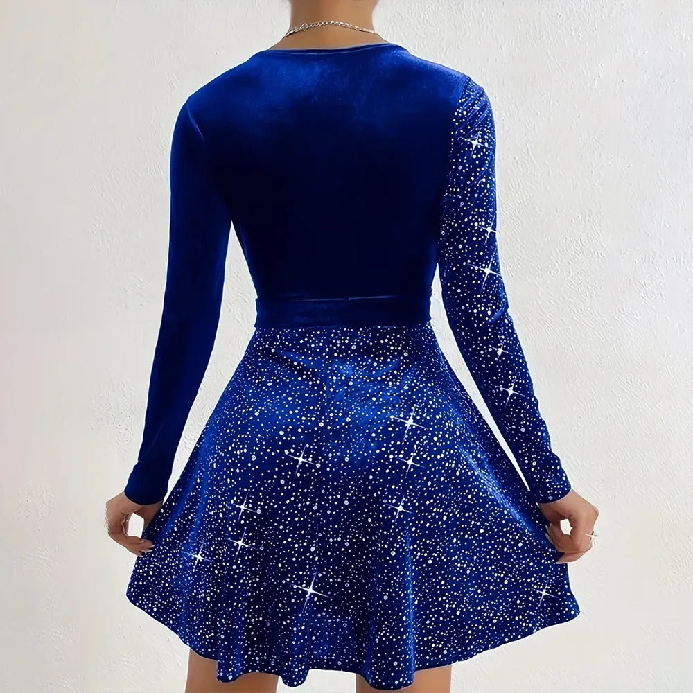 Women's Sexy V-Neck Sequin Glitter Belt Mini Dress Party Dresses Fashion Hot Sale Solid Elegant  Velvet Long Sleeve Dresses