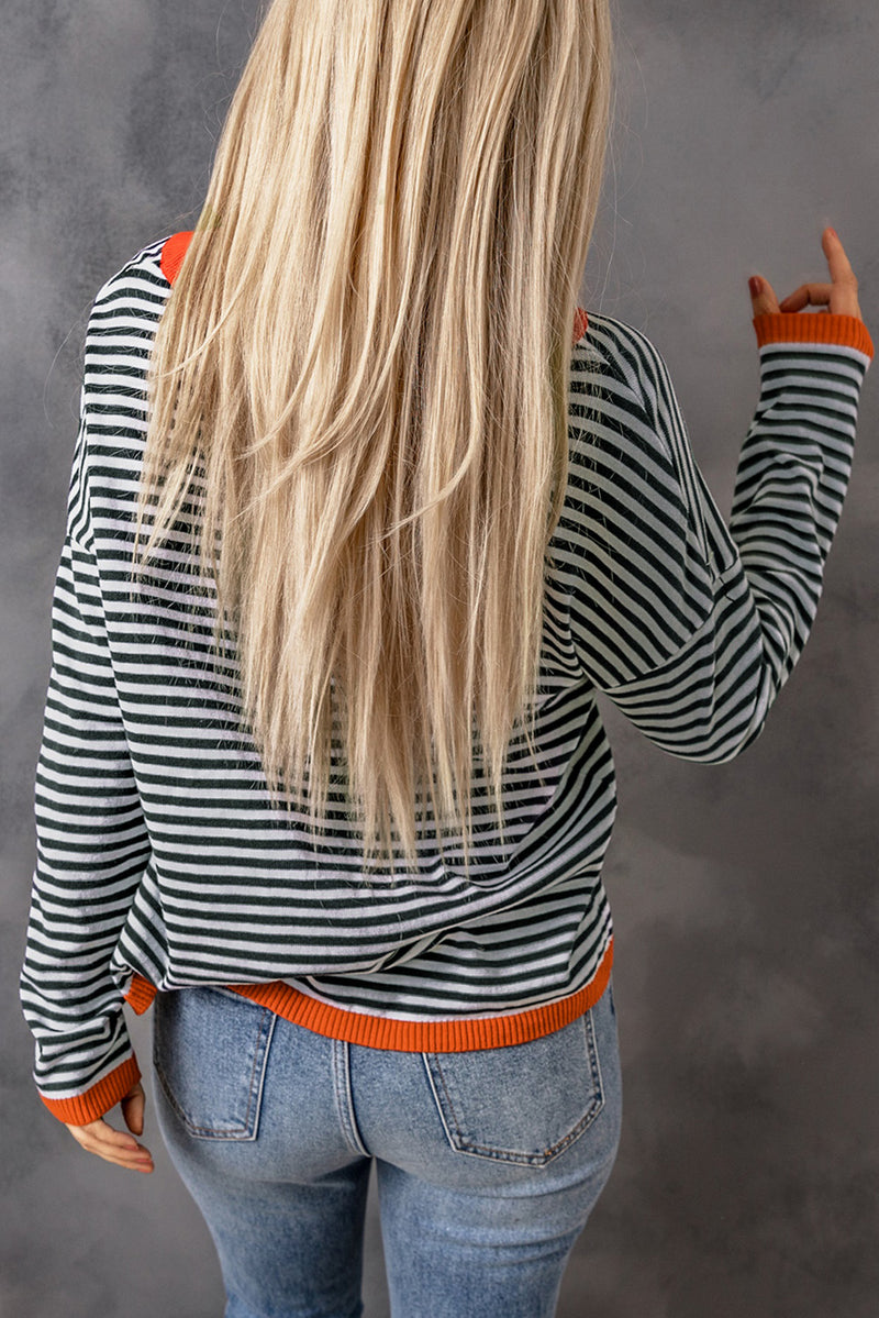 Gray Contrast Trimmed Striped Drop Shoulder Sweater