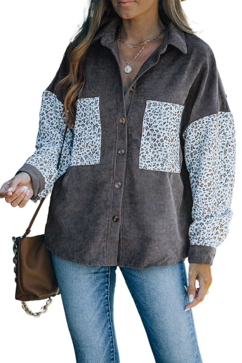 Gray Leopard Patchwork Corduroy Buttoned Shirt Jacket