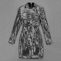 GACVGA Shiny Plaid Sequins 2024 Autumn Winter Women Dress O-Neck Long Sleeve Sexy Bodycon Mini Club Party Dresses Vestidos