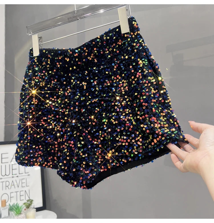 Europe and America Sequined Black Shorts Slim Suede Embroidered Beads Grey Casual Pants Women's Hot Pants