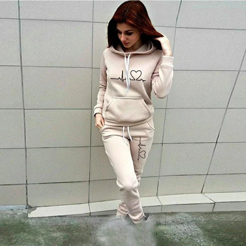 New Fun Heartbeat Line Printed Women's Sweatshirt Suit Hooded Pants Suit Women's Jogging Sweatshirt Two Piece Set