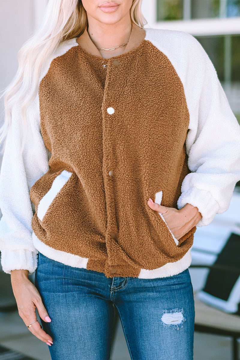 Brown Contrast White Sleeve Snap Button Sherpa Jacket