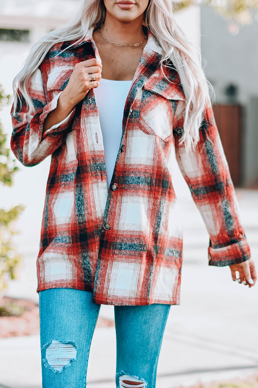 Fiery Red Turn down Neck Plaid Pocket Button Closure Coat