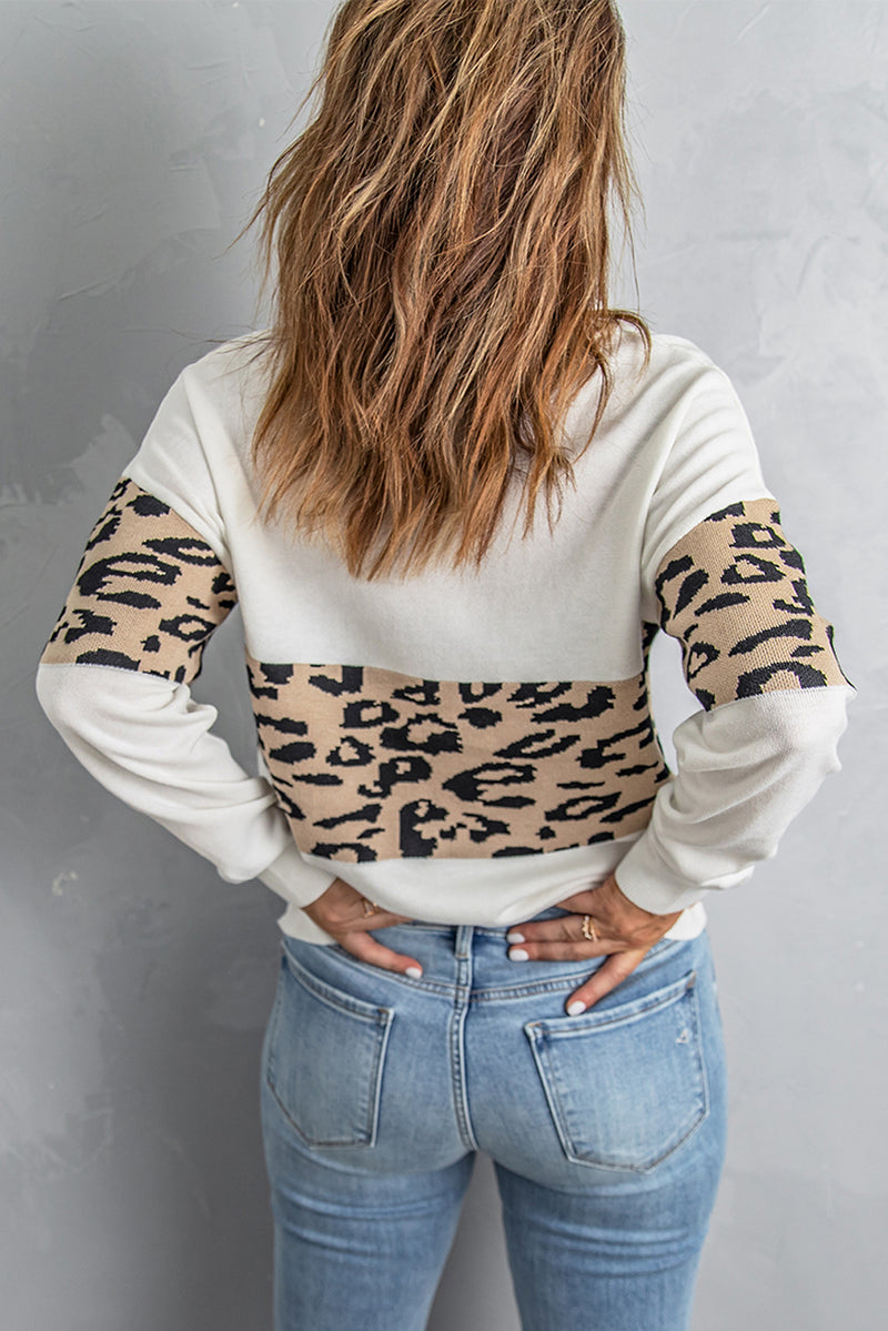 Black Leopard Colorblock V Neck Knit Sweater