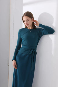 AS 2024 Autumn winter woman clothes thicken ribbing closed-fit wrap tops + Satin Adjustable straps dress (ship out in 1 day)