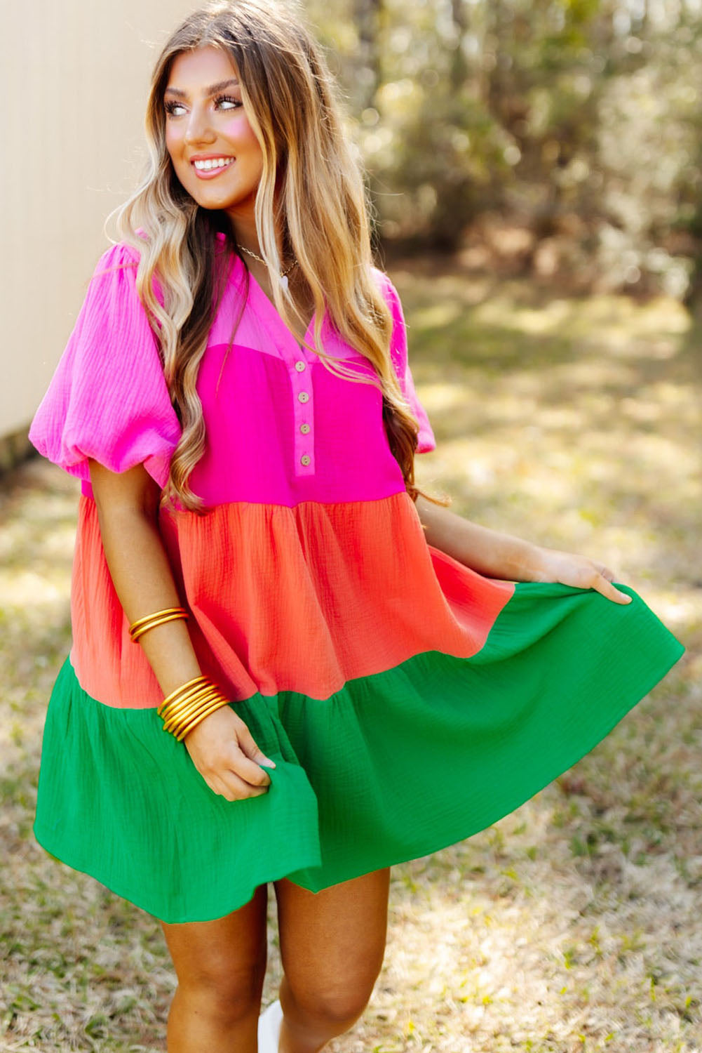 Women's Color Block Tiered Puff Sleeve Dress