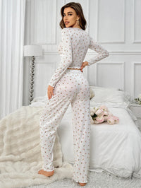 Women's Sleepwear Ditsy Floral Print Lettuce Trim PaJamas Set  Elastic Waistband  Loungewear Full Sleeve Nightwear