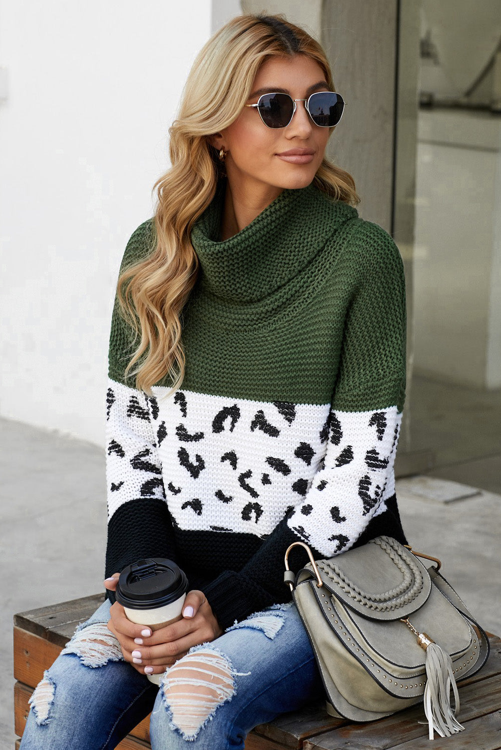 Green Turtleneck Splicing Chunky Knit Pullover Sweater