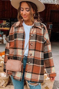 Orange Plaid Print Buttoned Shirt Jacket