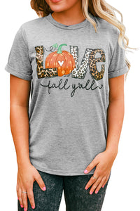 Gray Love Fall Yall Pumpkin Leopard Graphic T Shirt