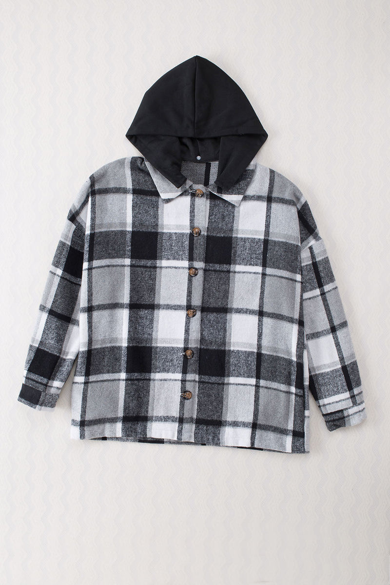 Gray Hooded Plaid Button Front Shacket