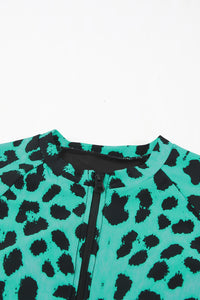 Green Leopard Print Zipper Cut-out Rash Guard Swimsuit