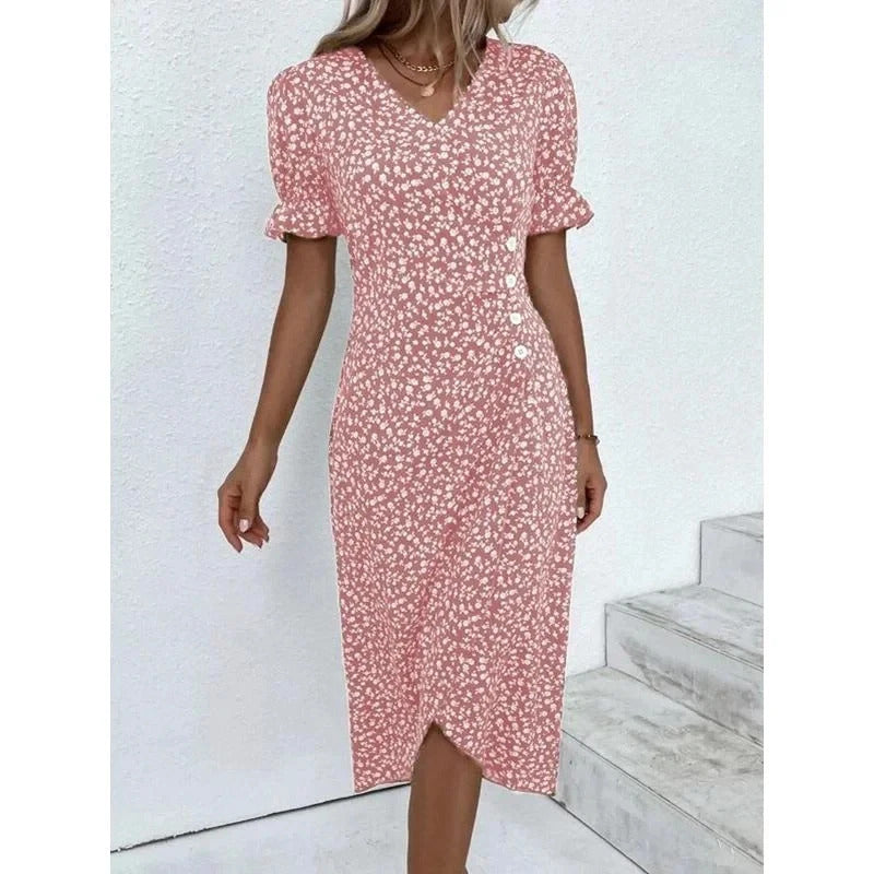 Spring Floral Bodycon Midi Dress For Women V Neck Long Sleeve Ruched Slim Fit Dresses Female Sexy Vestido Robe