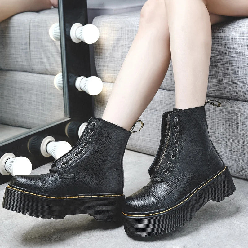 Women Boots Genuine Leather Platform Boots Motorcycle Shoes Front Zipper Optical Soles Fashion Sexy Punk Men Winter Boots 35-46