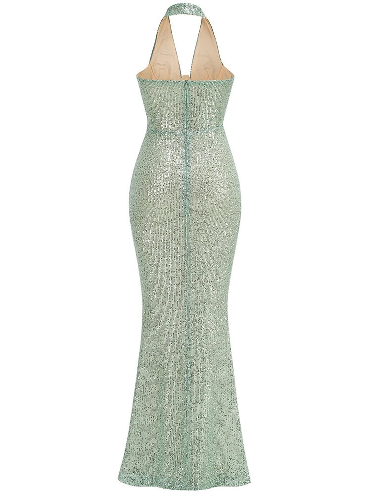 Sexy Halter Deep V Neck Sequins Maxi Dress Women Green Sleeveless Backless Sequined Slim Long Dresses Celebrity Party Gowns