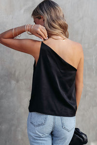 White Satin One Shoulder Loose Tank Top