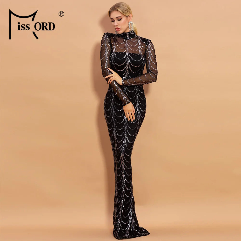 Missord Wave Sequin Party Dresses Elegant Women High Neck Long Sleeves See Though Bodycon Evening Prom Dress With Line Long Gown