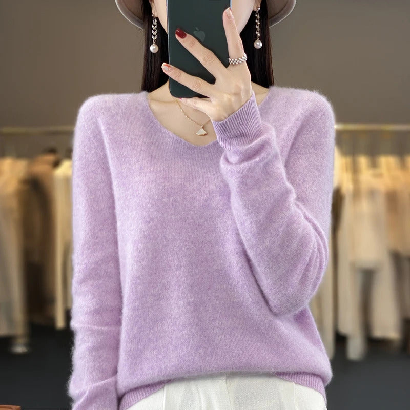 100% pure wool cashmere sweater women's V-neck pullover casual knit top autumn and winter women's coat Korean fashion