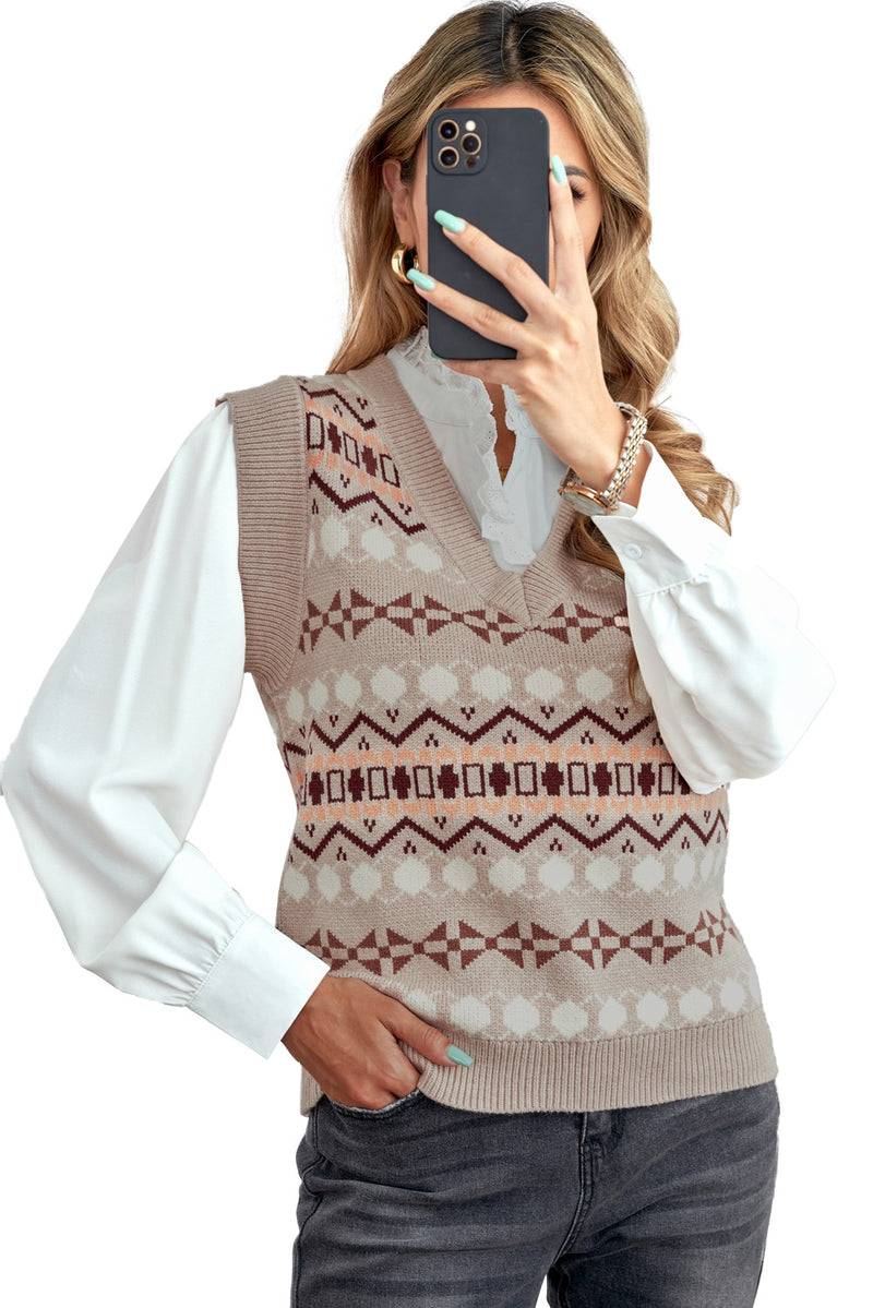 Sky Blue Tribal Print V Neck Knitted Sweater Vest