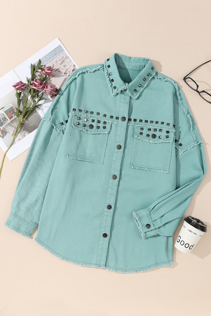 Mist Green Frayed Trim Riveted Denim Jacket