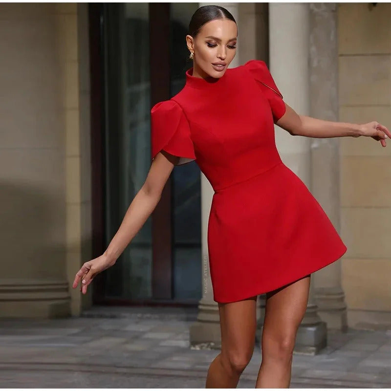 Elegant Bow Hallow Out Mini Dress Women Red O-neck Short Sleeve High Waist A-line Dresses Female 2024 Fashion Party Evening Robe