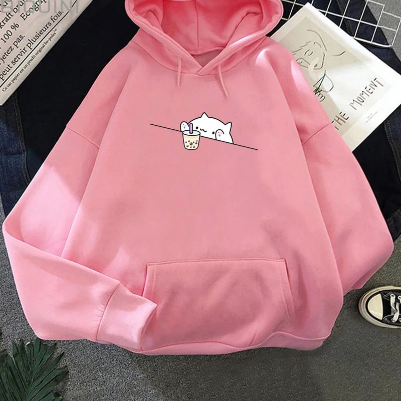 Bubble Tea Graphic Printed Casual Pullover Cartoon Female Hooded Clothes Plus Size Hoodie Kawaii Cat And Boba Women Sweatshirts