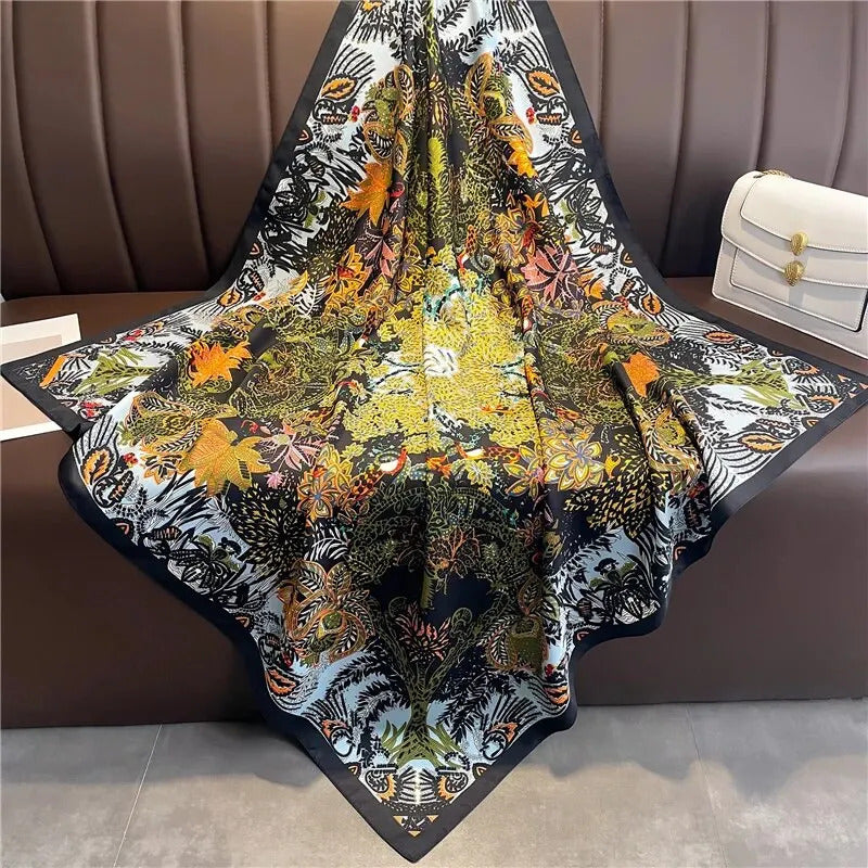 90cm Silk Twill Square Scarf For Women Spring Print Hair Band Hijab Foulard Sunsceen Neckerchief Shawl Wraps Echarpe New