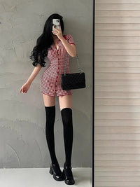 American Style Diamond Checkered Lapel Single Breasted Slim Short Sleeved Dress Elegant Tight Thin Dress T Shirt Mini Dress X0P7