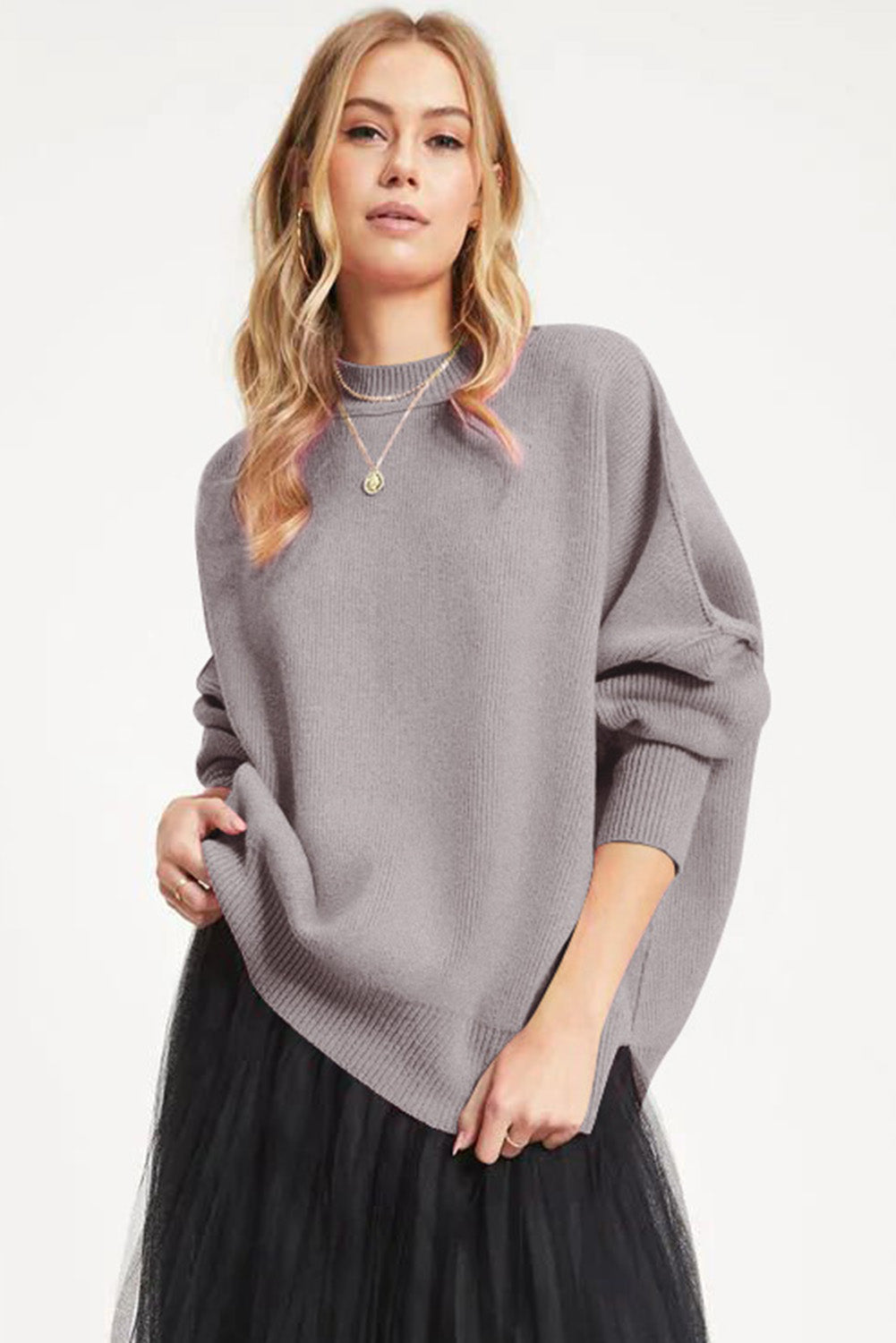 Gray Oversized Drop Shoulder Bubble Sleeve Pullover Sweater