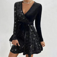 Women's Sexy V-Neck Sequin Glitter Belt Mini Dress Party Dresses Fashion Hot Sale Solid Elegant  Velvet Long Sleeve Dresses