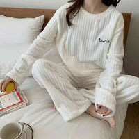 Autumn Women Solid Warm 2 Piece Sets Thicken Velvet Ribbed Fleece Set Pullover And Pants Women Casual Pajama Sets 2024