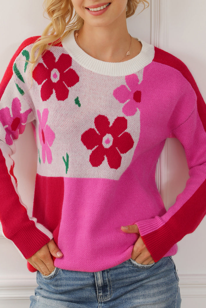 Rose Red Floral Mixed Color Block Sweater