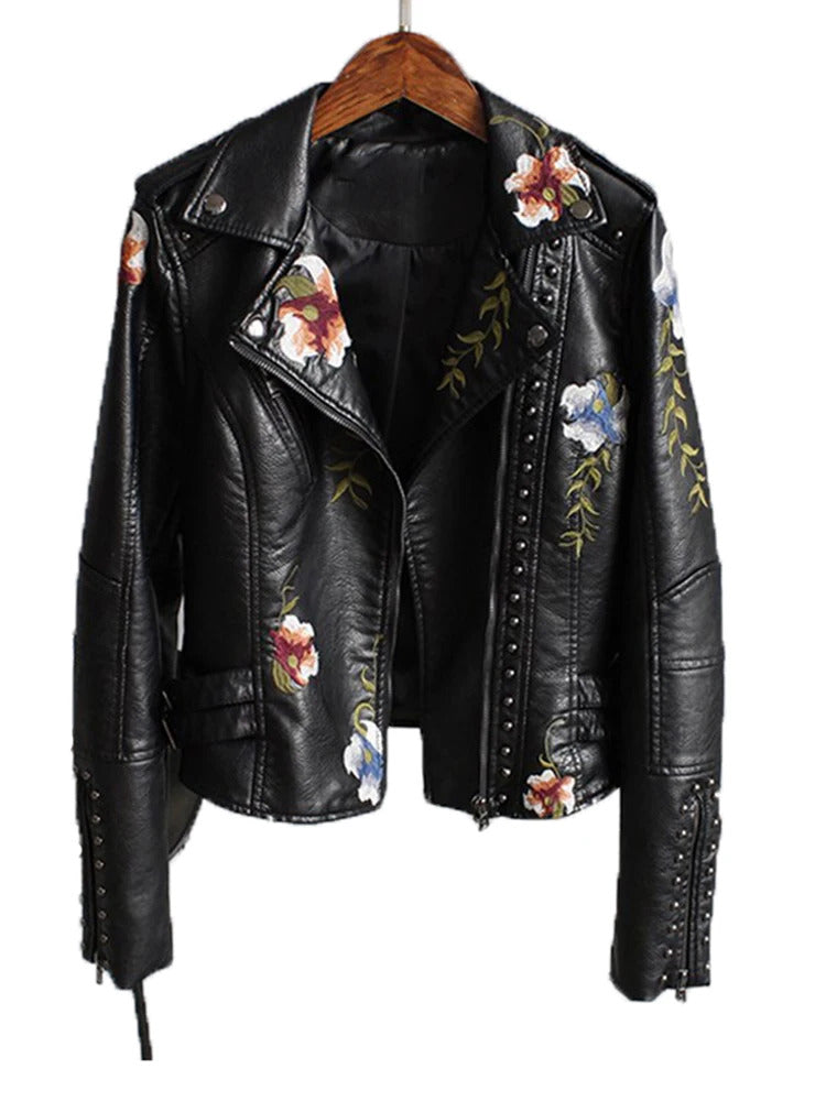 Women Floral Print Embroidery Faux Soft Leather Jacket Coat Turn-down Collar Casual Pu Motorcycle Black Punk Outerwear