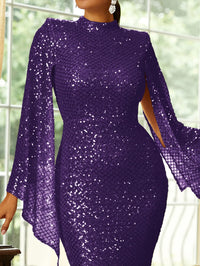 Missord Elegant Apricot Sequin Muslim Party Dress Women Split Sleeve High Neck Bodycon Dubai Evening Dresses Prom Gown