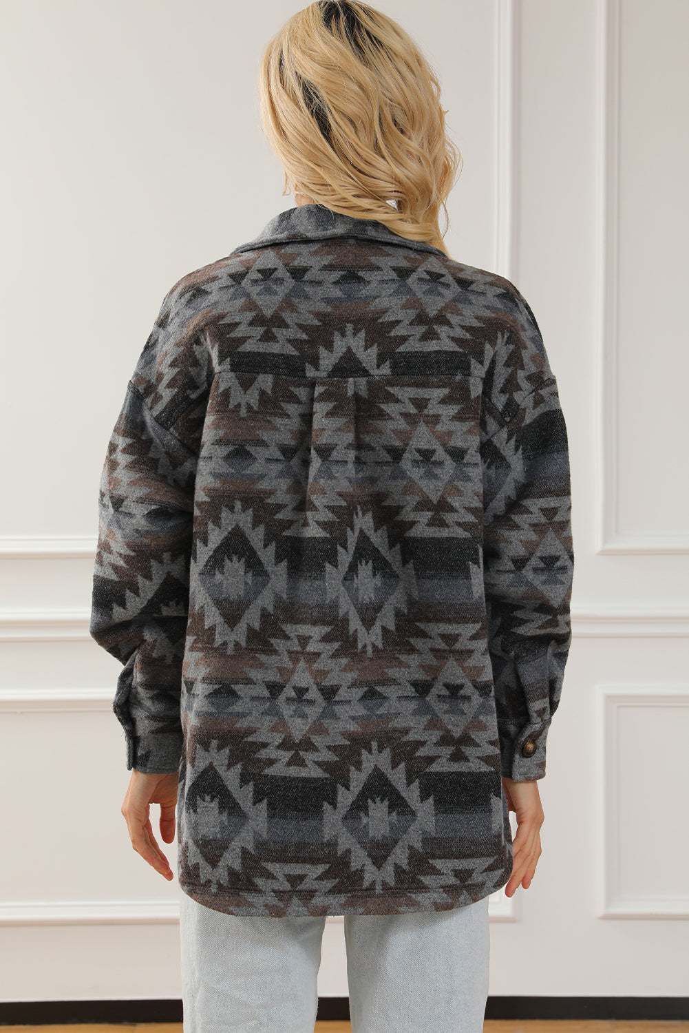 Gray Western Aztec Print Drop Shoulder Casual Shacket