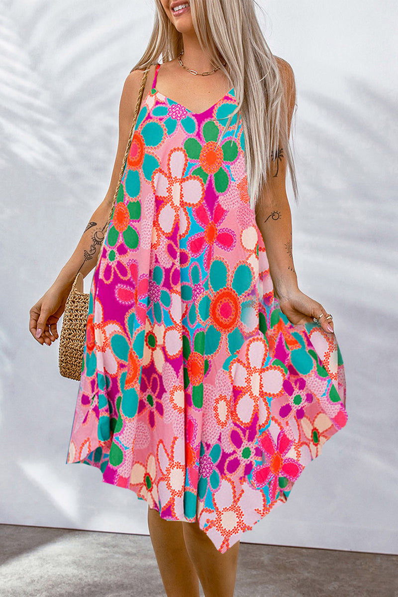 Women's Floral Print Spaghetti STraps Flowy Midi Dress