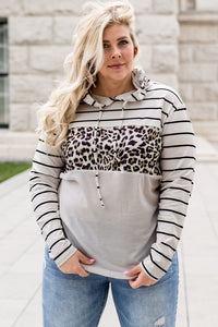 White Striped Leopard Block Patchwork Plus Size Hoodie