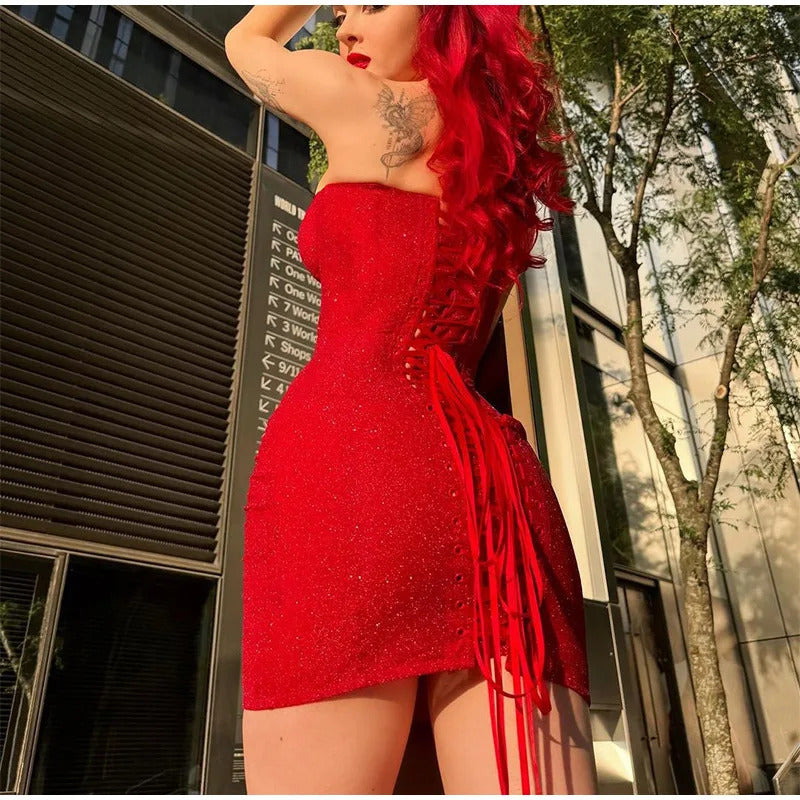 Sexy Chest Wrapped Puff Pleated Hem Mini Dress Women Red Off Shoulder Backless Sleeveless Chic Lady Evening Party Club Vestidos