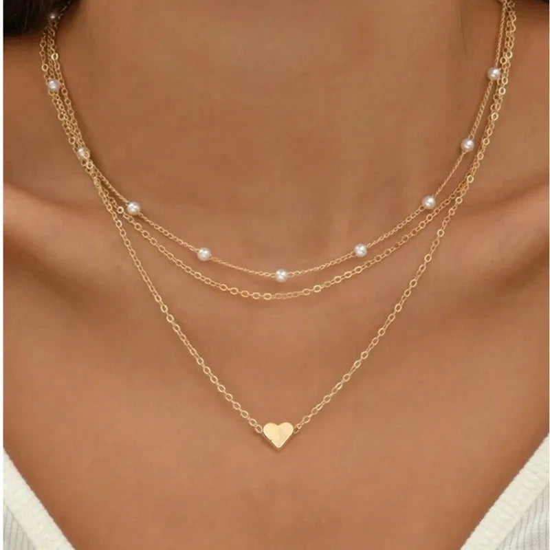 FTCY 3pcs Women's Pearl Necklace Set 14K Gold Fashion Love Heart Pendant Waterproof Hypoallergenic Collarbone Neck Chain Jewelry